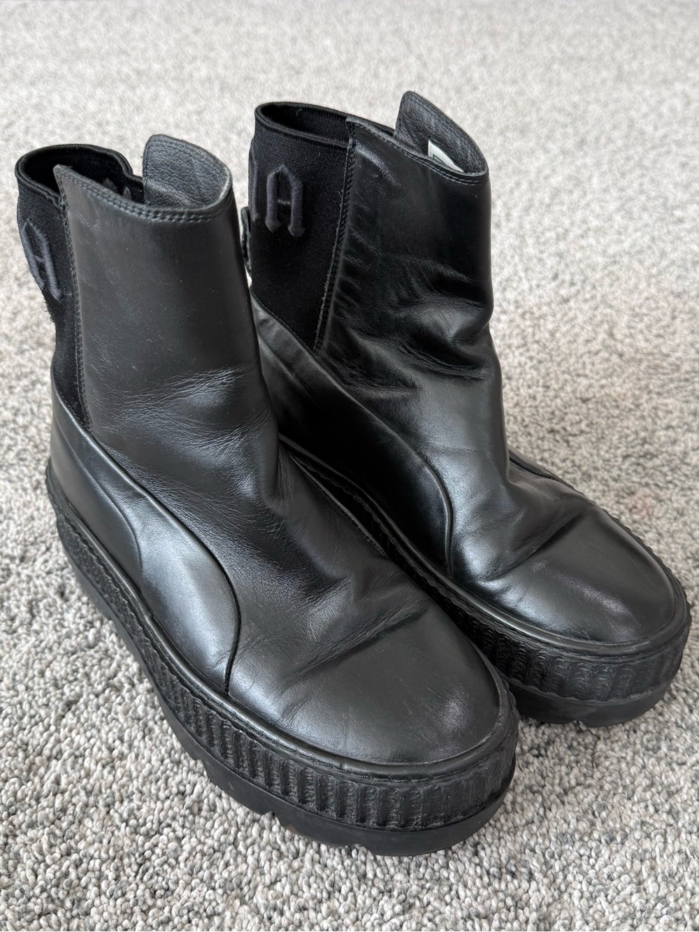 Rihanna Fenty Puma Black Leather Chelsea Platform Pull On Boots Women’s US 6.5